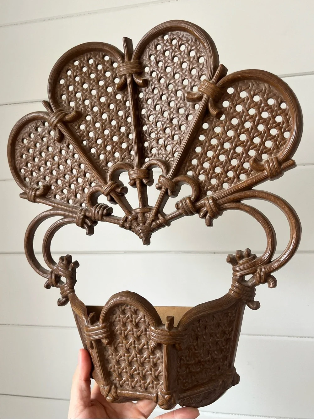 vintage brown faux wicker fan wall pocket planter, molded plastic